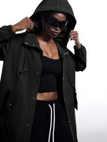 LYSMO 2025新款极简秋季女式休闲黑色纽扣连帽风衣，适合作为外套、街头服饰、飞行员夹克、返校雨衣、女士长款外套和鼠尾草黑色连帽雨衣，男女皆宜 - 黑色 - 查看 4