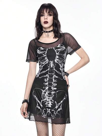 Goth Vestido gótico vintage romántico de mujer con esqueleto y huesos en la cintura