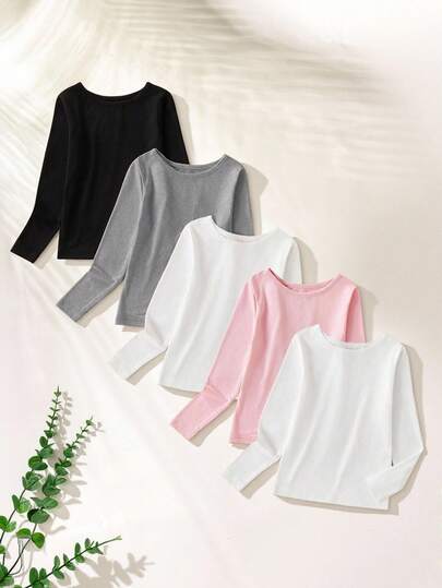 5 Piece Sets Girls Solid Color Long Sleeve Undershirts, Fashion Black, White, Pink Combo (Sold Separately) Girls Black Long Sleeve Top Kid Girl Solid Color Shirts Kids Clothes Girls