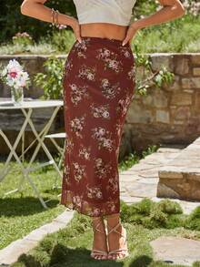 KARISMINA 女士弹力腰带印花优雅美人鱼裙 - 棕色 - 查看 1