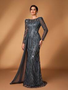 Serin Elegant Luxurious Beaded & Sequin Floral Sheer Sleeve Mermaid Dress With Side Slit, Suitable For Wedding, Party, Vacation, Prom, Mother Of The Bride Evening Gown - Dark Grey - View 6