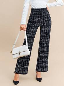 SHEIN Clasi Summer Elegant Women's Plaid Printed Elastic Knitted Pants, Suitable For Various Occasions, Suitable For Summer Vacation, Elegant Travel, And Daily Commuting