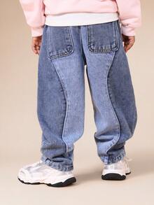 SUMWON 儿童宽松版型抽绳腰带牛仔慢跑裤，带弹性裤脚，适合度假穿着 - 中等水洗藍 - 查看 2