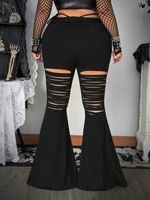 Flirla Fall Autumn And Winter  Grunge Punk Plus Size Fashionable Punk Ripped Lace-Up Flare Pants - Black - View 2