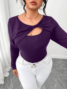 Elenzga Camiseta de manga larga con diseño asimétrico y tela texturizada para tallas grandes - Morado - Ver 4