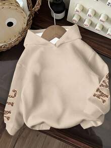 SHEIN EZwear 休闲简约豹纹纽约英文图案卫衣，杏色，适合秋冬季穿着 - 彩色 - 查看 3