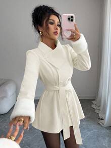 Elenzga 女士不对称领口设计，毛绒袖口，收腰设计，优雅大衣，适合日常通勤 - 杏色 - 查看 3