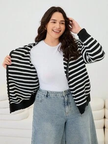 SHEIN EZwear Plus Size Black & White Striped Print Zip-Up Casual Long Sleeve Hoodie Sweater Autumn Winter Clothes For Women - Black and White - View 6