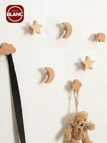 1 móc treo tường bằng gỗ nguyên khối, móc treo quần áo treo tường, móc hoạt hình hình sao trăng mây (Giao hàng hai loại phụ kiện lắp đặt: Đục lỗ và không cần khoan) - Nhiều màu - Xem 1