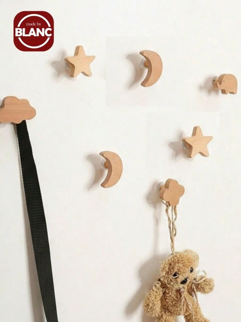 1 móc treo tường bằng gỗ nguyên khối, móc treo quần áo treo tường, móc hoạt hình hình sao trăng mây (Giao hàng hai loại phụ kiện lắp đặt: Đục lỗ và không cần khoan) - Nhiều màu - Xem 1
