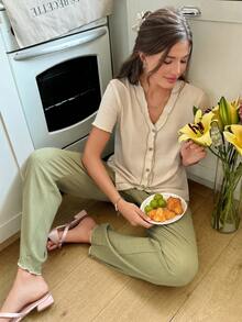 Snug Reverie Color-Block Short Sleeve Button-Front Top And Long Pants Women Sleepwear Set Outfit - Beige - View 1