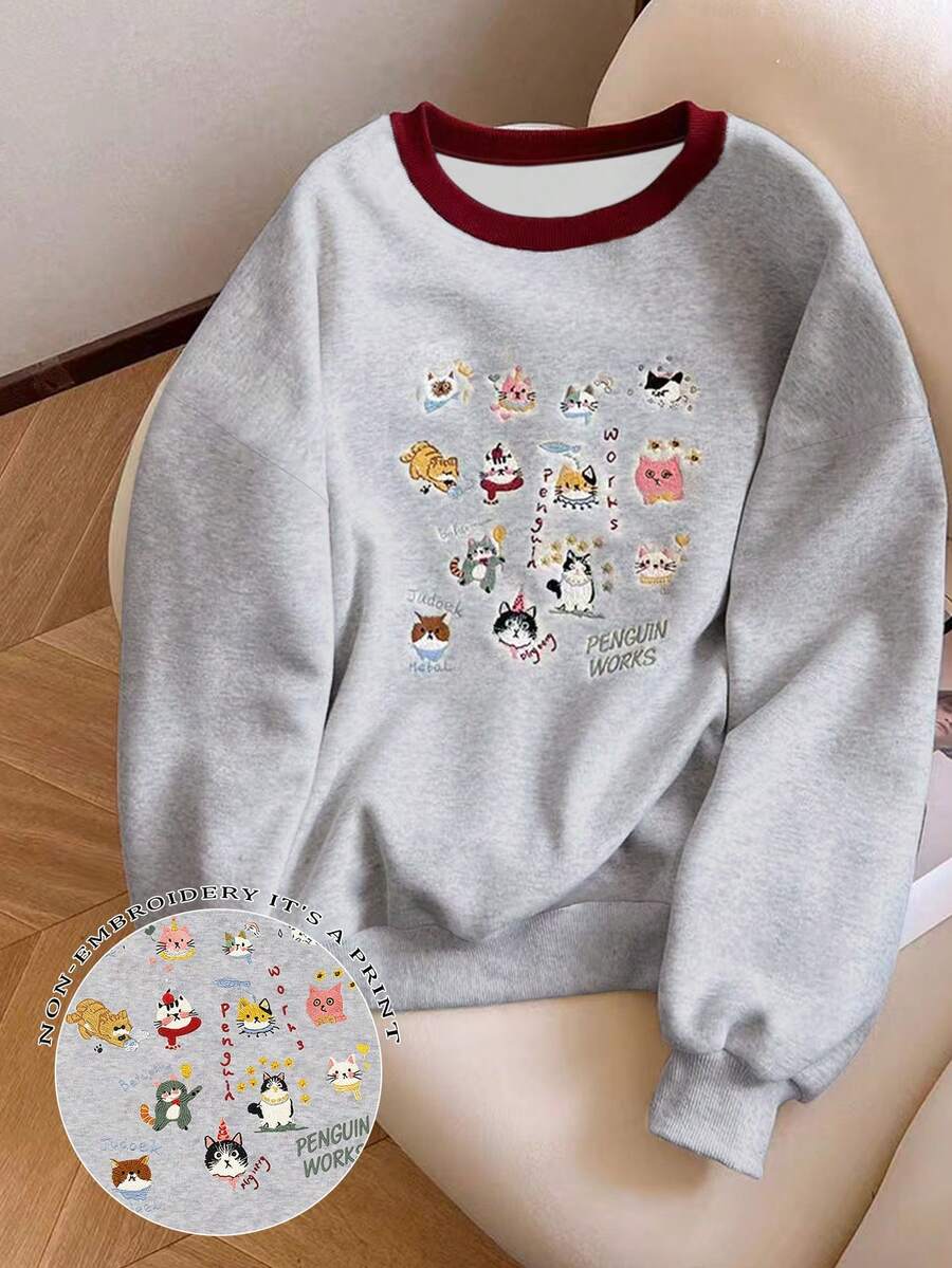 Resyla 女式仿刺绣白色墨水印花落肩圆领运动衫 - 灰色 - 查看 1