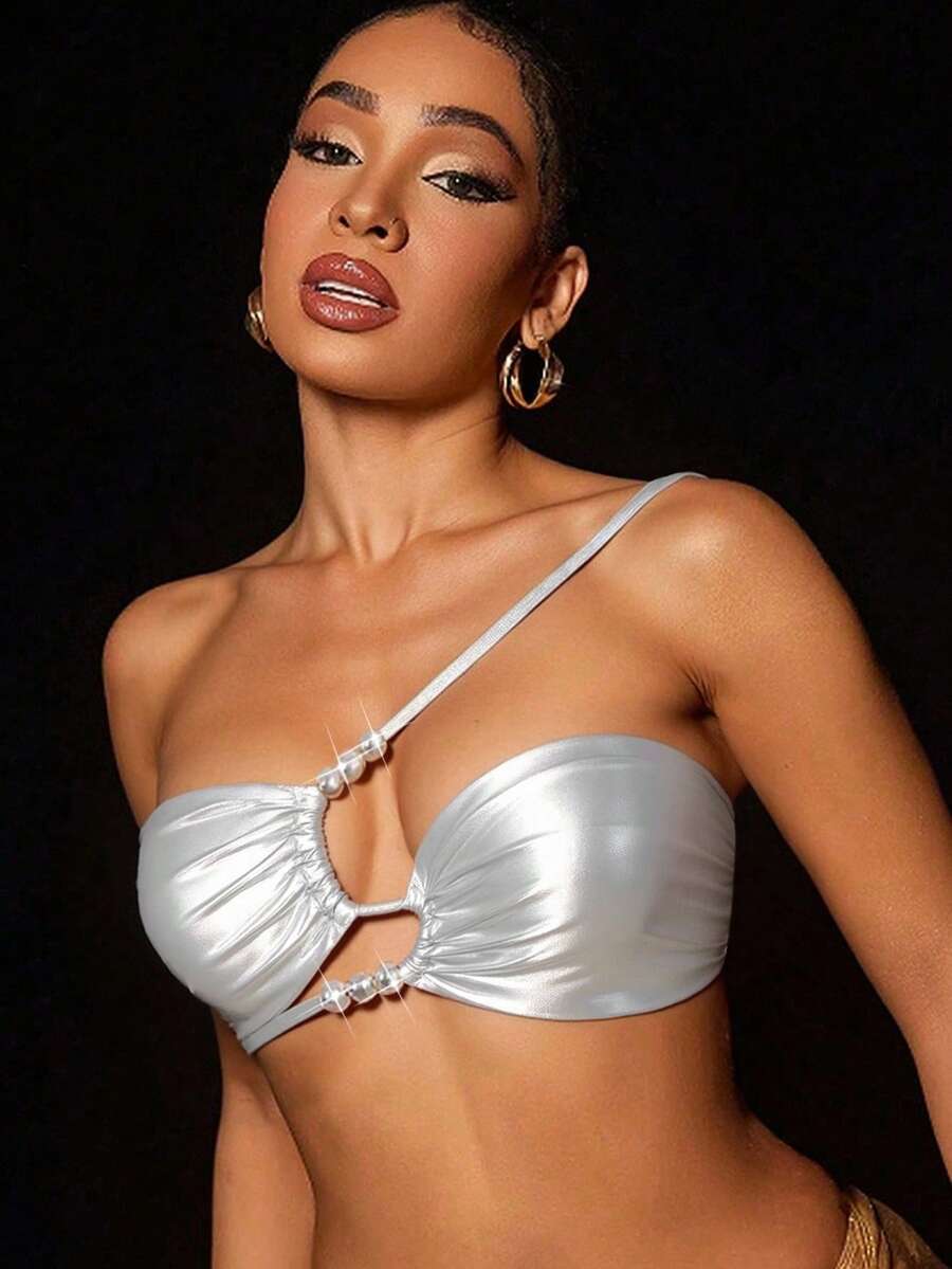 Swim SXY Top de bikini asimetric cu mărgele metalice încrucișate, sexy, pentru femei, de vară, la modă pentru plajă și vacanță - Argint - Vizualizare 1