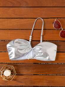 Swim SXY Top de bikini asimetric cu mărgele metalice încrucișate, sexy, pentru femei, de vară, la modă pentru plajă și vacanță - Argint - Vizualizare 3