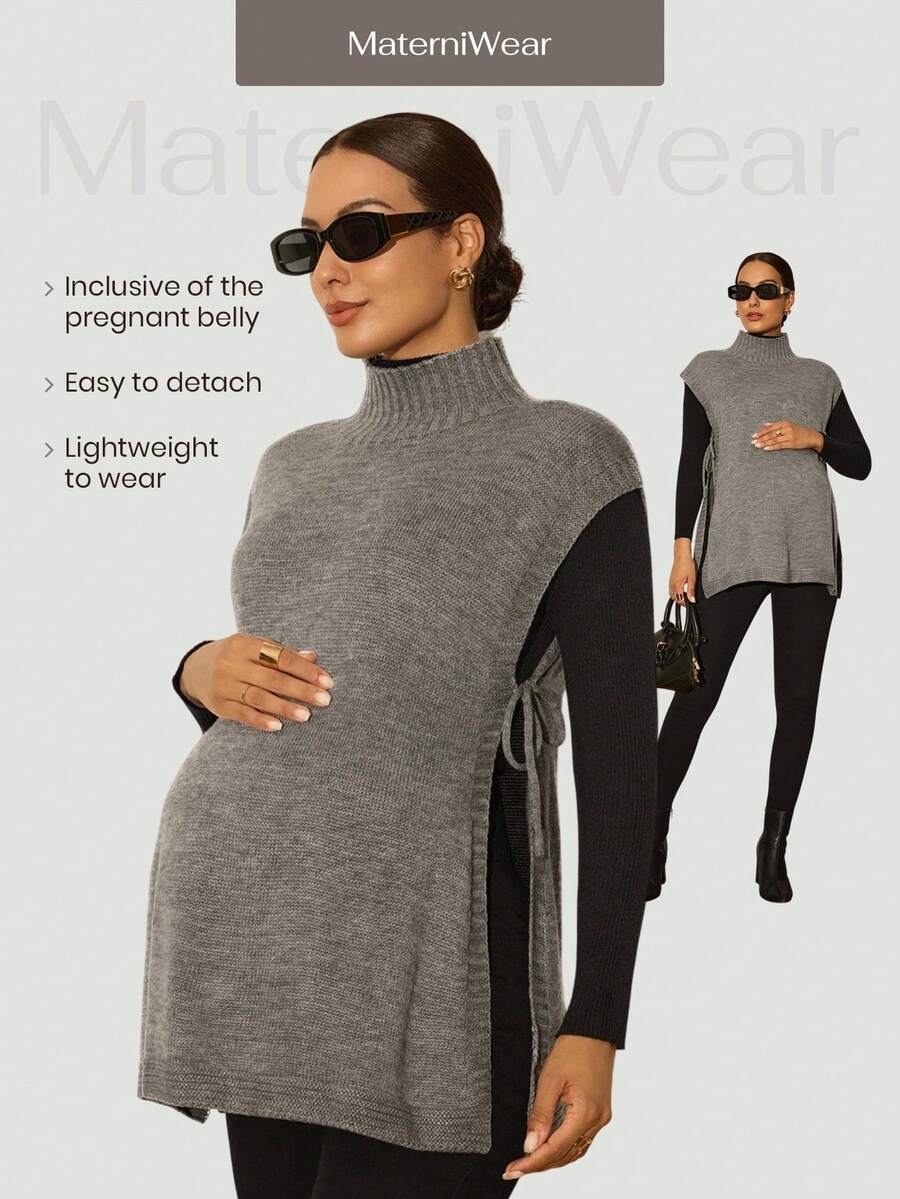 MaterniWear Áo len bầu công sở, Áo len bầu công sở, Áo len công sở cho nữ mùa thu, Áo len bầu đơn giản cổ đứng thắt nơ màu trơn tối giản cho bà bầu, Áo len bầu, Áo bầu, Áo dài bầu, Áo bầu cho bà bầu, Áo bầu dành cho phụ nữ mang thai, Áo bầu mùa thu đông. - Xám - Xem 1