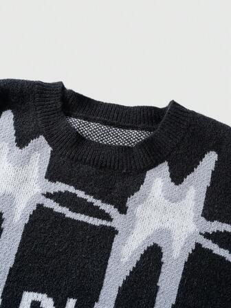 Street Life Men's Letter Jacquard Crew Neck Long Sleeve Casual Sweater, Autumn/Winter