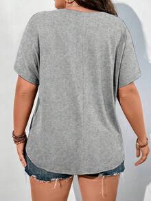 Vionelle Kích thước lớn Mùa hè giản dị Màu thuần Cổ chữ V Ngắn tay Áo thun - Xám - Xem 2