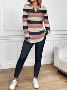 EMERY ROSE Casual 2pcs Plus Size Striped Print Top And Leggings Set, Suitable For Autumn/Winter