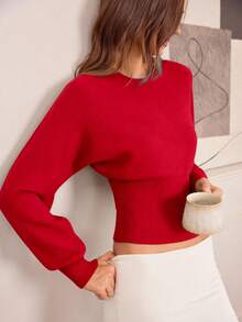 Hanevo Casual Round Neck Drawstring Waist Slim Fit Solid Color Knit Sweater, Versatile For Autumn/Winter - Red - View 8