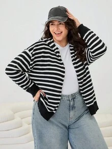 SHEIN EZwear Plus Size Black & White Striped Print Zip-Up Casual Long Sleeve Hoodie Sweater Autumn Winter Clothes For Women - Black and White - View 3