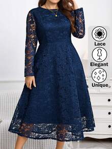Miaspire 大码蕾丝拼布纯色优雅长袖连衣裙 - 藏蓝色 - 查看 2