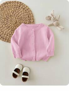 SHEIN Baby Girls' Solid Color Casual Minimalist Button-Front Cardigan - Pink - View 4