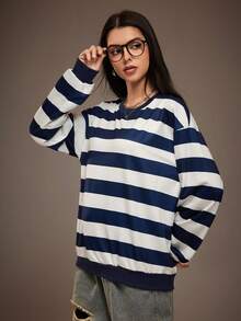 Sparklyn Hanorac retro bleumarin francez pentru fete adolescente, cu dungi late, color block, guler rotund, lejer, cu mânecă lungă, grosime confortabilă, nu pufoasă - Stil casual lejer, potrivit pentru naveta zilnică/întâlniri la cafea/ținute de stradă pentru facultate - Ideal pentru purtare zilnică de primăvară/toamnă - Multicolor - Vizualizare 5