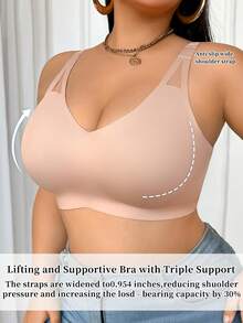 SHEIN Áo ngực Shapelle Forme không đường may màu trơn không dây ren chắp vá cỡ lớn dành cho nữ - Màu Khaki - Xem 5