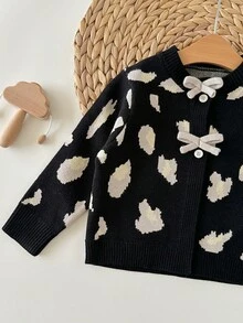 SHEIN Babygirl 休闲豹纹针织开衫，百搭秋冬 - 黑色 - 查看 4