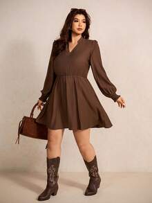 Elaquor Vestido casual de talla grande con cuello con muesca y unicolor retro - Café integral - Ver 1