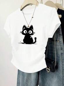 Playeras de mujer estilo casual lindo estampado gato tejido suave color sólido ajustado cuello redondo manga corta primavera/verano set de 3 para diario y universidad - Multicolor - Ver 3