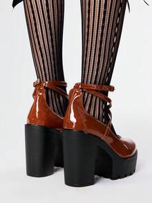 ROMWE Goth 女士闭趾交叉绑带玛丽珍鞋，朋克哥特厚底厚跟绑带搭扣JK制服鞋，防水正式工作高跟鞋 - 棕色 - 查看 5