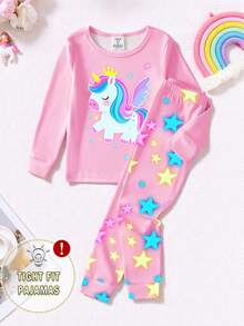 2 Piece Sets Snug Fit Pjs Young Girls Glow-In-The-Dark Cute Unicorn Print Crew Neck Knit Tight Fit Casual Comfortable Long Sleeve Top And Pants Pajama Set .This Product Requires UV Light Exposure To Glow.