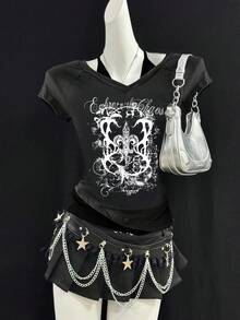 Attitoon Women's Casual Retro Punk Minimalist, Floral English Letter Distressed Print Pattern, V-Neck Halter Tie Short Sleeve Bodycon Dark Gray Contrast Color Short Sleeve T-Shirt, Comfortable For Autumn/Winter Graphic - Dark Grey - View 3