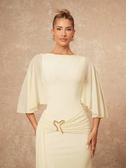 Lumalex Elegant och sexig gul rund halsringad klänning med metallspänne och volangmönster för kvinnor, vår/sommar