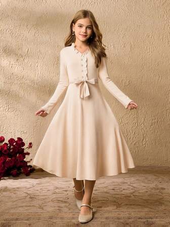 Girls' Elegant Mandarin Collar Long Sleeve Cinched Waist Mid-Length Solid Color Apricot Dress With Frill Trim And Matching Belt, Fashion Versatile Dress For Girls In Autumn/Winter