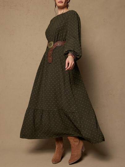 Freevana Plus Size Women Casual Crew Neck Lantern Sleeve Ruffle Hem Dress Autumn Vintage Style Peasant Western Boho Clothing Western/Winter Fall