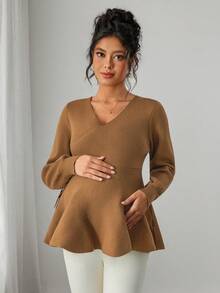 Momance Women's Fitted V-Neck Lantern Sleeve Ruffle Hem Faux Bowknot Design Elegant Date Night Long Sleeve Maternity Sweater - Brown - View 7