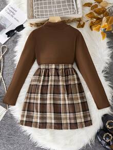 Elladie kids 12件套女童格子长袖T恤和裙子套装，适合外出、街头风、返校、校园穿着 - 咖啡棕 - 查看 2