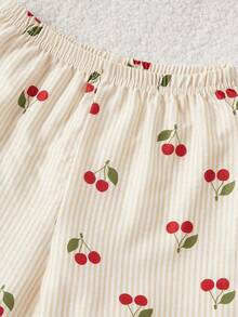 4-Piece Girls Cherry Print Striped Cardigan & Pants Casual Loungewear Set, Apricot & Light Yellow, Suitable For All Seasons