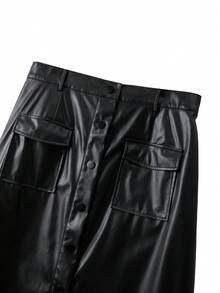 GlowEve CURVE 女士时尚优雅口袋直筒皮质中长裙 - 黑色 - 查看 3