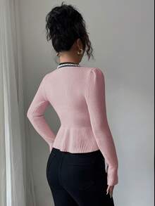 Elenzga Women's Contrast Color Pearl Waist Cardigan, Long Sleeve - Baby Pink - View 2