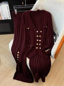 GlowEve CURVE Plus Size Women Casual Solid Color Sweater And Pants Set - Burgundy - View 1