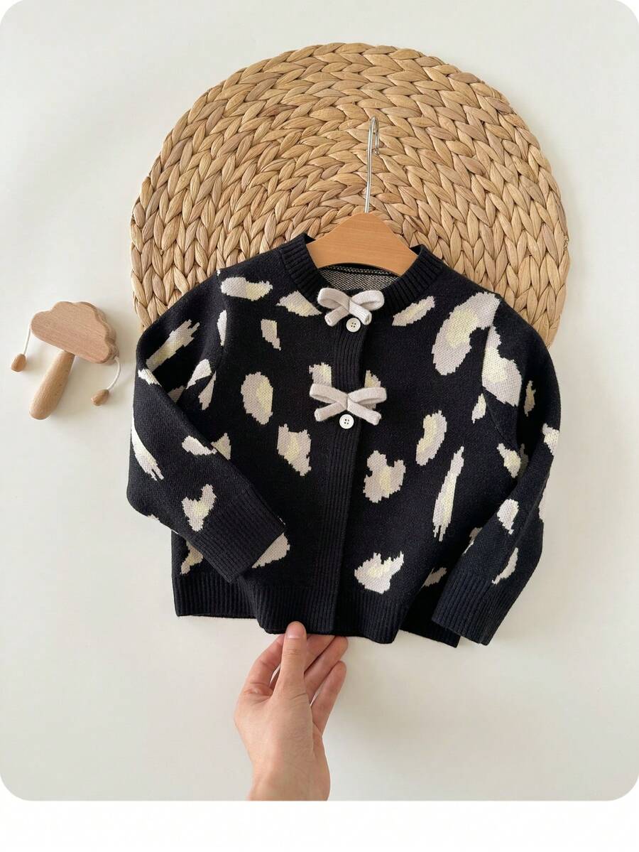 SHEIN Babygirl 休闲豹纹针织开衫，百搭秋冬 - 黑色 - 查看 1