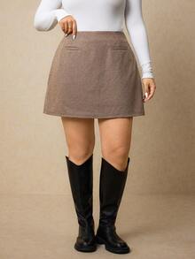 Elaquor Spódnica w kratę w dużym rozmiarze, swobodna/do pracy, jesień/zima - Kawowy brązowy - Zobacz 5