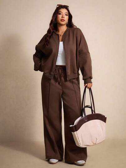 Elaquor 2pcs Plus Size Thermal Lined Jacket And Pants Set Spring