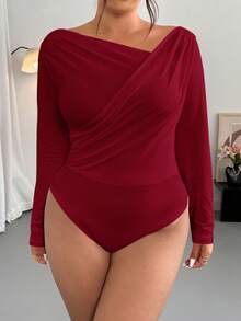 Firerie Tuta elegante e minimalista di moda sexy per taglie forti, adatta per pendolarismo, festival musicali, vacanze, con collo asimmetrico, drappeggiata, manica lunga elasticizzata, autunno/inverno - Bordò - Visualizzare 4