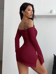 Coolane 女士白色针织修身露肩连衣裙 - 酒紅色 - 查看 6