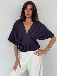 Aloruh Áo sơ mi tay cánh dơi màu trơn thanh lịch dành cho nữ - Màu tím - Xem 6