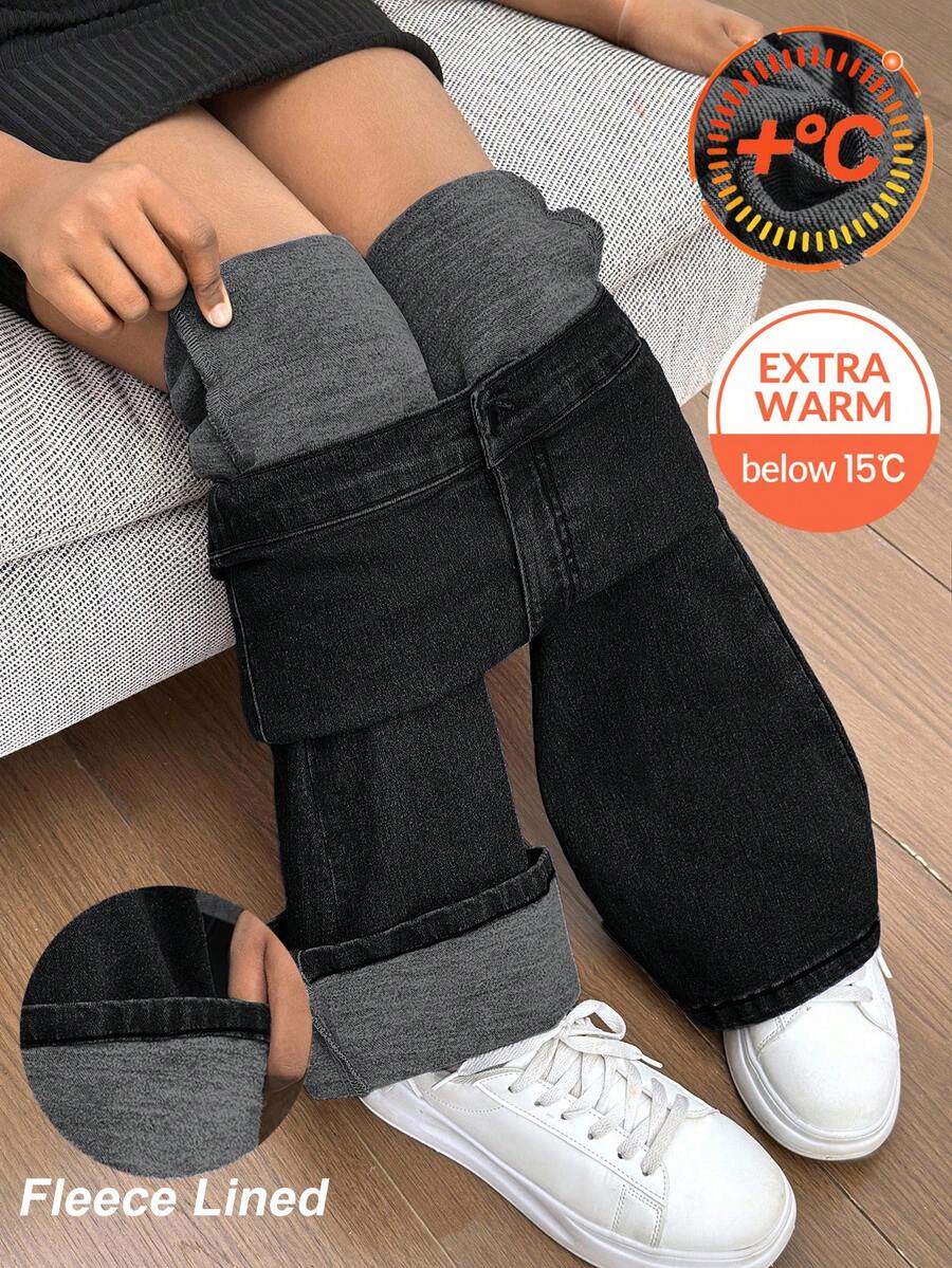 SHEIN 少女Y2K 90年代休闲纯色水洗高腰喇叭休闲保暖保暖内衬牛仔喇叭裤，圣诞节 - 黑色 - 查看 1